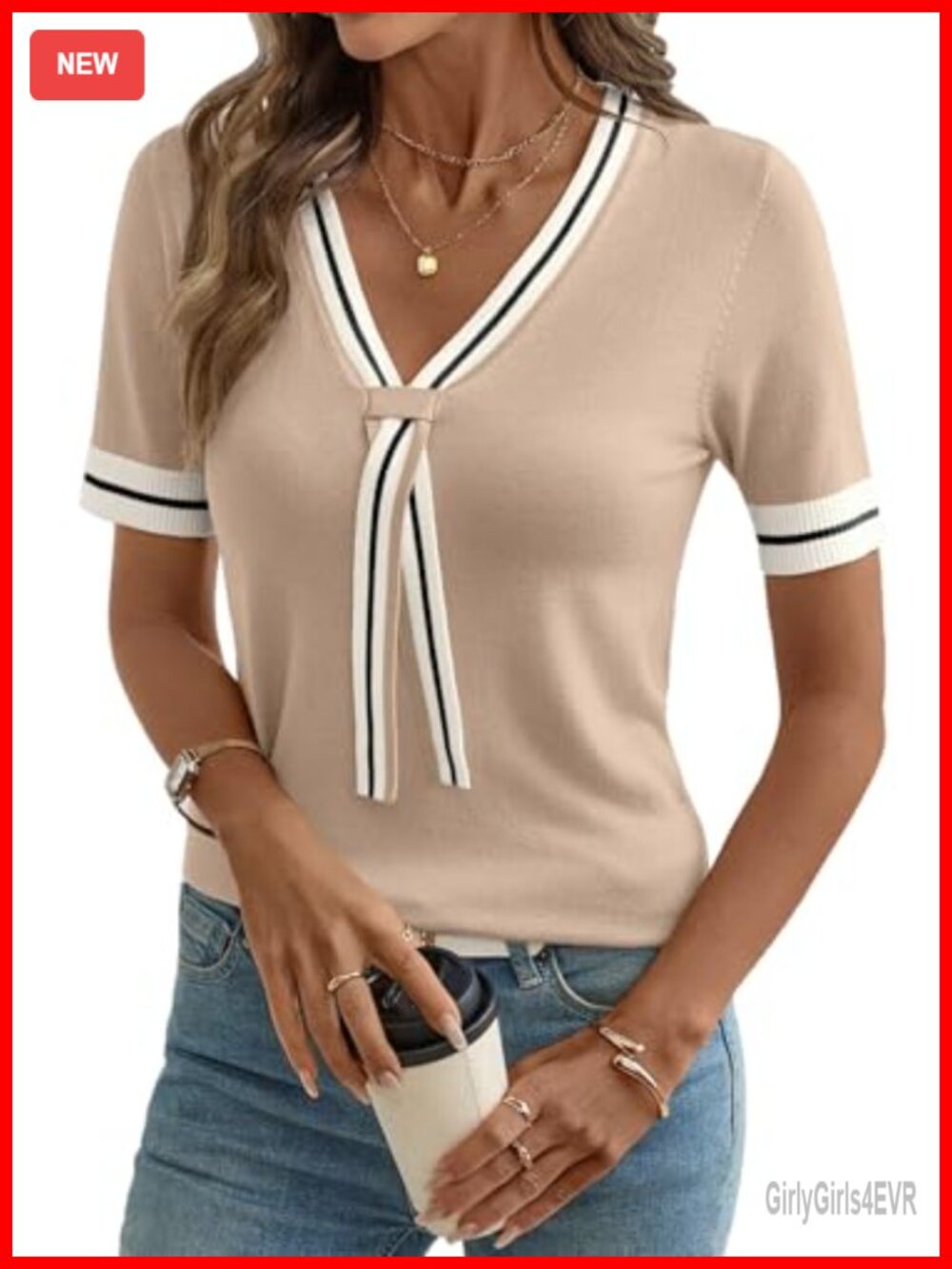 Dokotoo Lightweight Knit Top Short Sleeve V-Neck Tunic